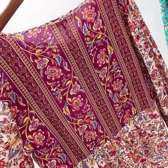 Maroon Multi Color Bohemian Floral Button Neck 3/4 Sleeve Blouse Top w/ Tie - Picture 10 of 11